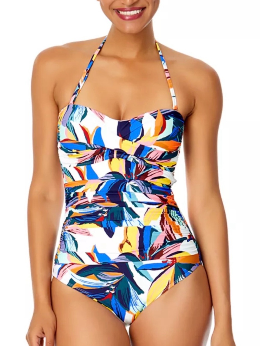 Anne Cole Gradient Floral Twist Front Strapless One Piece Ruched Swimsuit 10